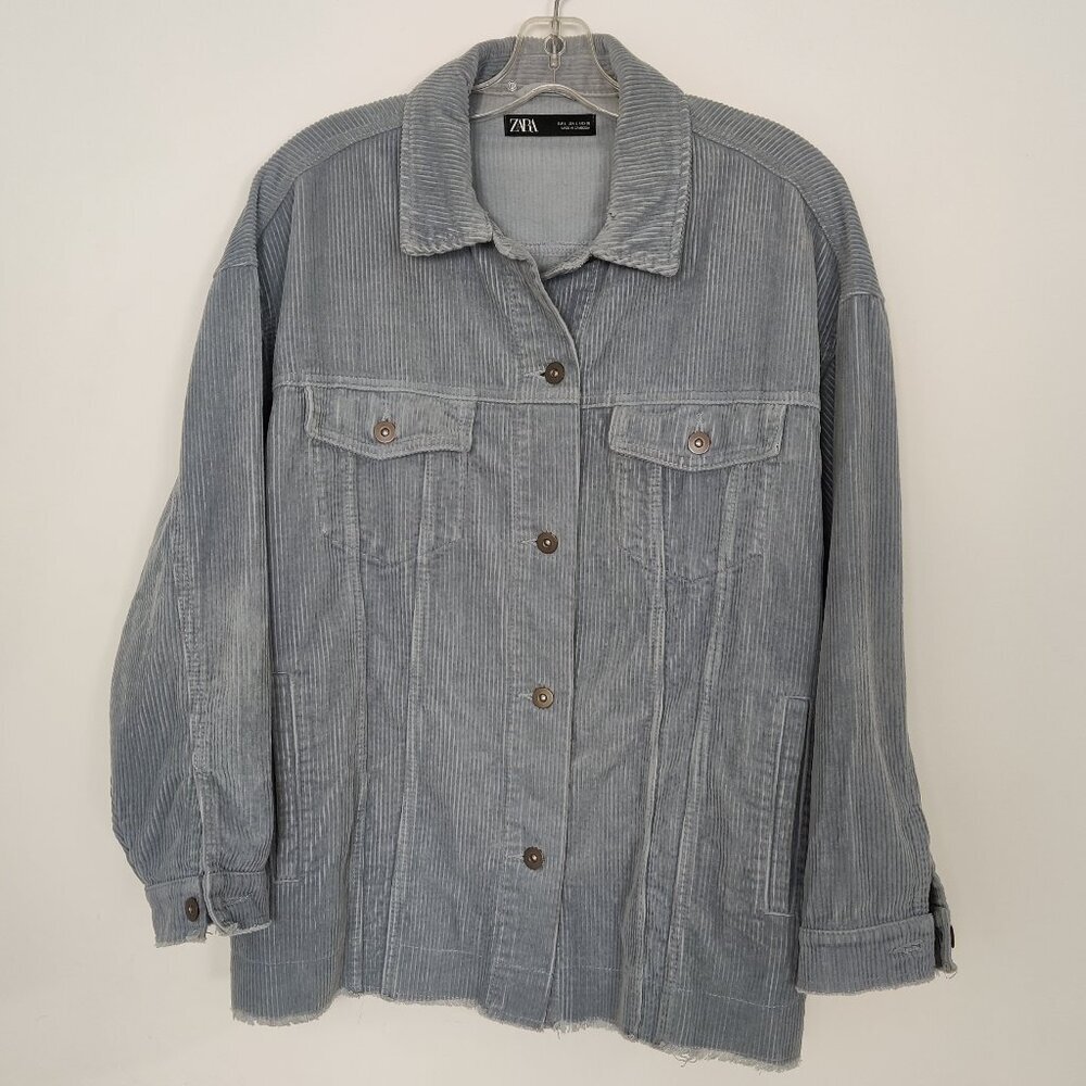 Zara Women's Corduroy Jacket Size L 100% Cotton In Blue Gray Casual Outerwear